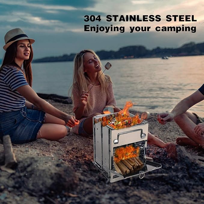 REDCAMP Wood Burning Folding Camp Stove Stainless Steel Grill, Portable Collapsible Backpacking Stove Survival Rocket Stove for Hiking Outdoor Tent Camping Picnic BBQ, Large