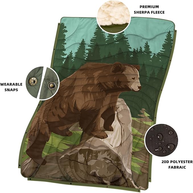 Outdoor Camping Blanket with Sherpa Lining, Extra Warm Thick Camp Blankets & Puffy Ultralight Soft Poncho DWR Camping Quilt for Cold Weather, Adventure,Sleeping,Backpacking 56"x 40"