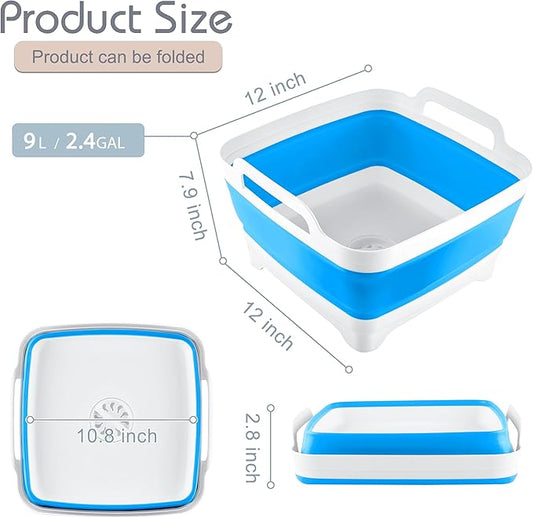2.4 Gal(9L) Collapsible Dish Basin with Drain Plug, Space Saving Outdoor Multiuse Foldable Sink Tub, Dishpan, Kitchen Storage Tray for Camping, Vegetable Washing, RV (Sky Blue)