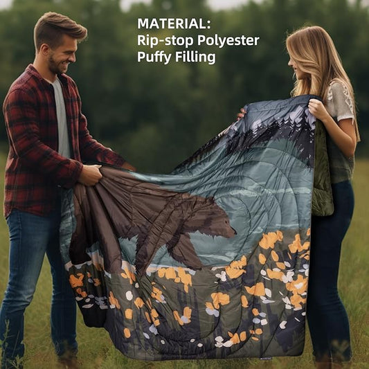 Outdoor Puffy Camping Blanket, Lightweight Windproof Warm Stadium Blanket, Packable Travel Camping Quilt for Cold Weather，Hiking, Backpacking,Sleeping, Hammock, Adventure 78"x 56"