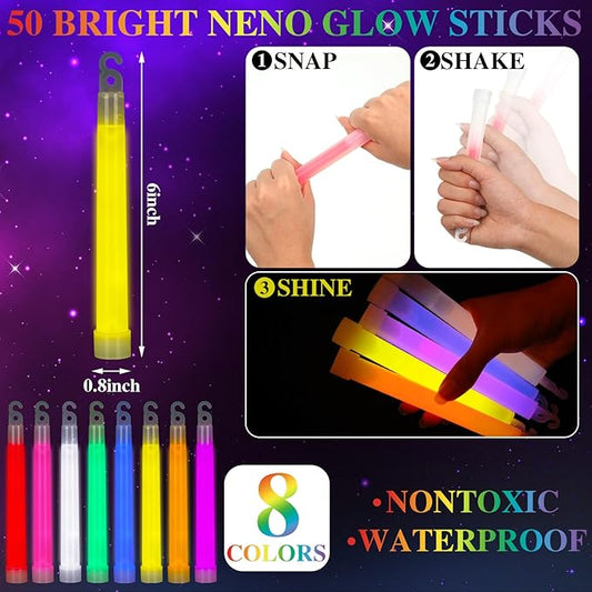 Lenwen 150 Pcs Ultra Bright Glow Sticks in Bulk Glow Sticks 6 Inch Emergency Bright Glow Sticks 8 Inch Glow Necklaces and Bracelets with Connectors for Camping Hiking Parties Survival Kit