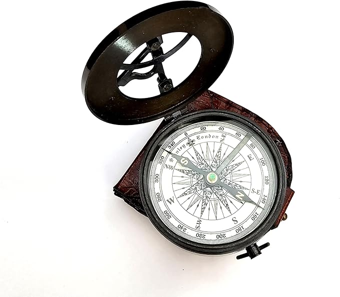 Nautical Camping Hiking Handmade Direction Compass Antique Brass Sundial Style Compass with Leather Case Gifts for Graduation, Baptism, Confirmation Boys, Girls