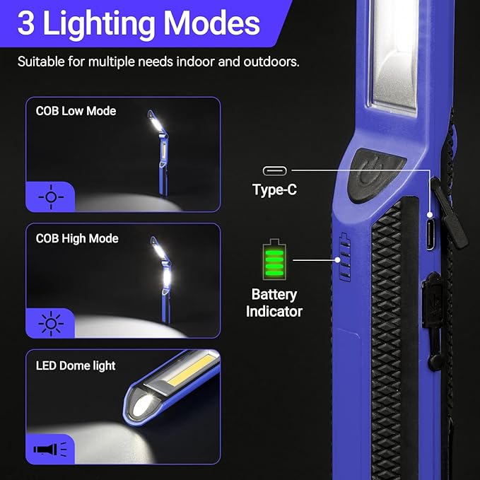 Work Light, Rechargeable LED Work Light 1500 Lumens, Portable Magnetic Work Light 180° Rotate 3 Modes, with 4 Magnetic Base and Hook Mechanic Light for Under Hood/Car Repairing/Inspection/Outdoor