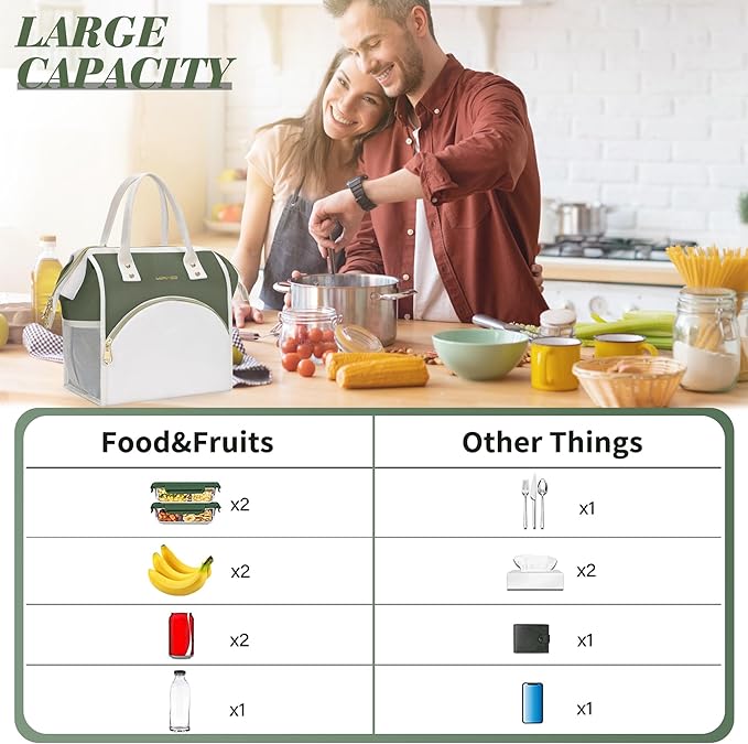 LOKASS Lunch Bag Women Insulated Lunch Box, Wide-Open Lunch Tote Bag Leak-proof Cooler Bag for Work Picnic-（Army Green）