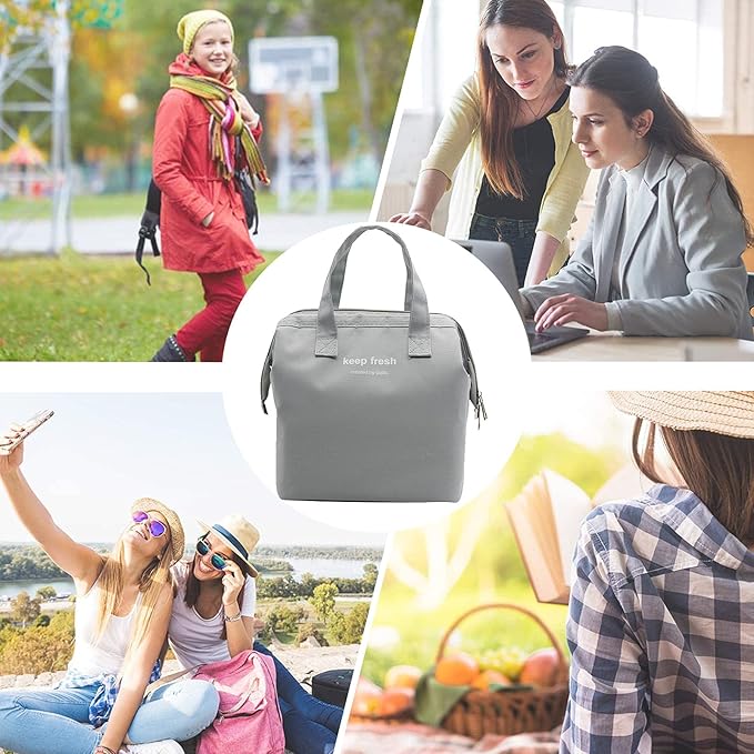 Mziart Insulated Lunch Bag Simple Bento Cooler Bag Lunch Tote Bag for Lunch Box for Women Men Adult Picnic Working Hiking Beach (Grey)