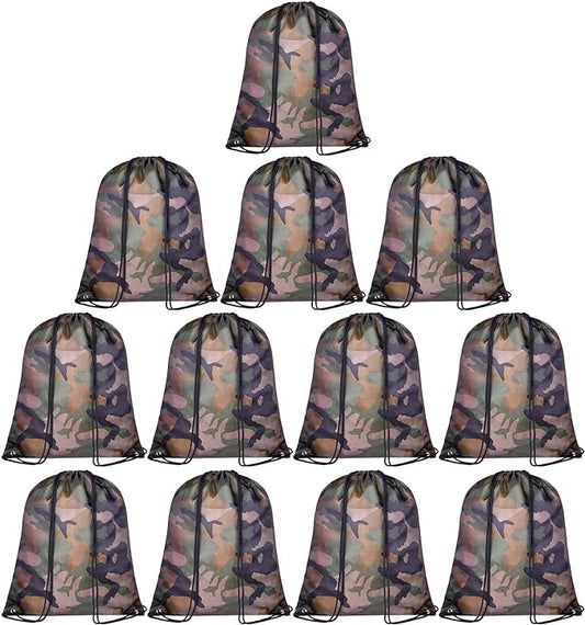 KUUQA 12 Pack Camouflage Drawstring Backpack Bulk String Backpack Cinch Kids Sport Bags Storage Bags for Gym Traveling (Camouflage)