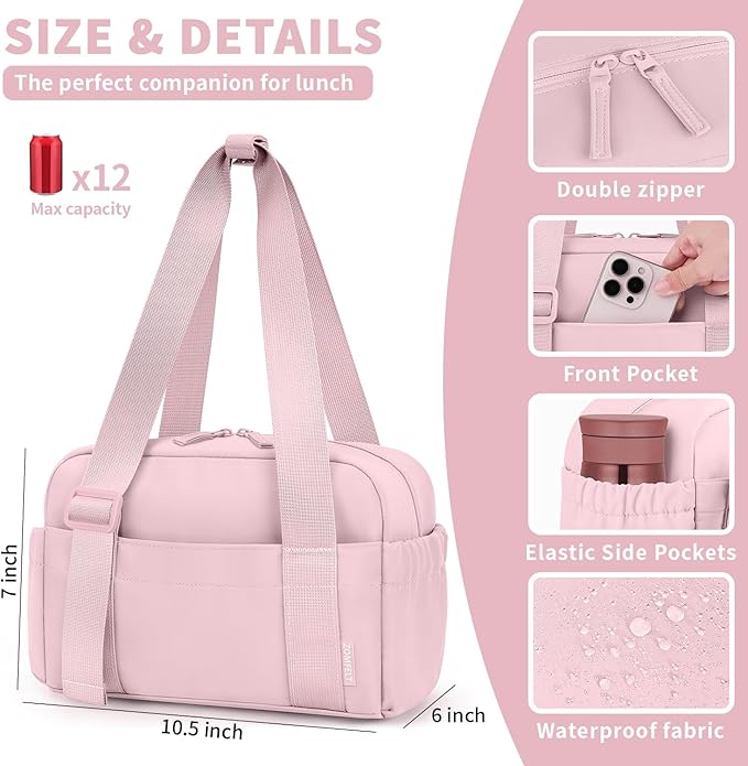 ZOMFELT Insulated Lunch Bag Women, Cute Lunch Tote Bag Lunch Box for Women, Leakproof Large Capacity Womens Lunch Bags with Adjustable Shoulder Strap for Work Office Outdoor Picnic Camping, Pink