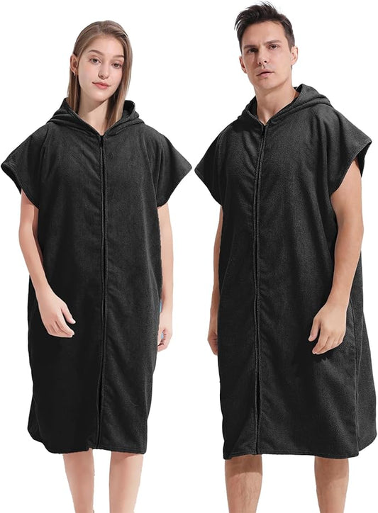 Surf Poncho Hooded Changing Towel Swim Robe with Zipper Plus Size Terry Cloth Swim Cover Up for Adults Men Women Towel Poncho Hoodie Surfing Accessories(Black) (Black)