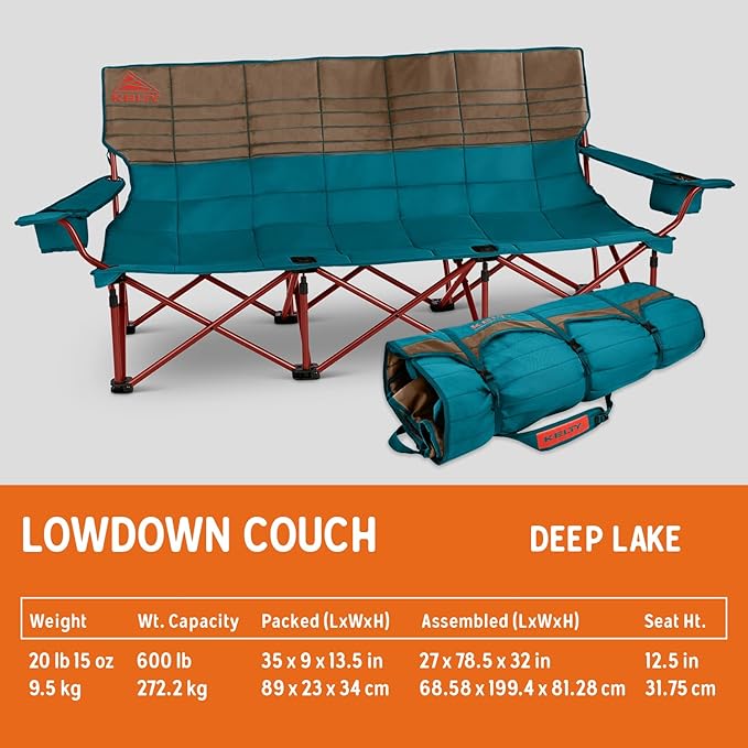 Kelty Lowdown Couch - 3 Person Capacity Camping Chair, Extra Large and Sturdy Bench for Campsites, Soccer Games, and Backyard Parties, with Cup Holders|Arm Rest, Polyester, Deep Lake/Fallen Rock