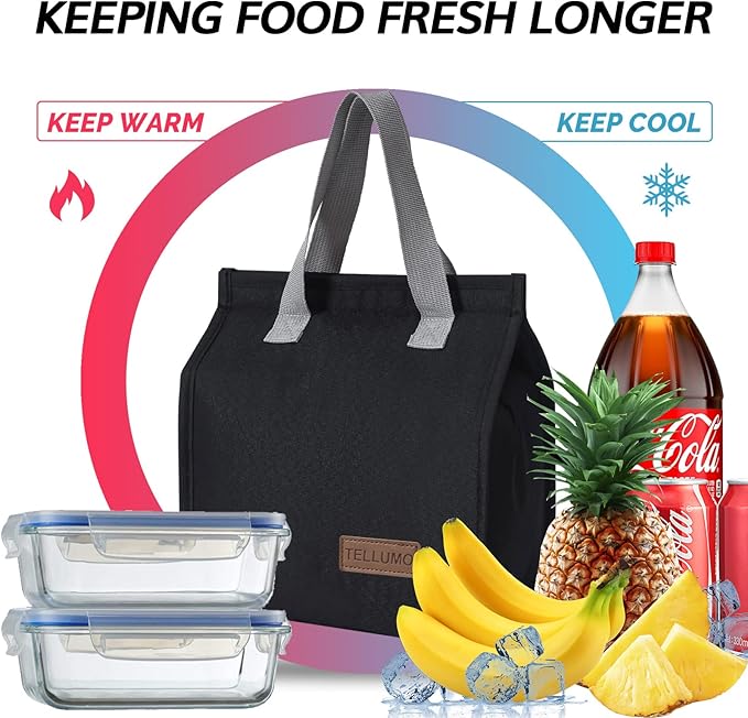 TELLUMO Lunch bag, Insulated Lunch Bag for Women Men Large Lunch Box Container Reusable Leakproof Tote for Office, Work, School, Beach or Travel (Black)