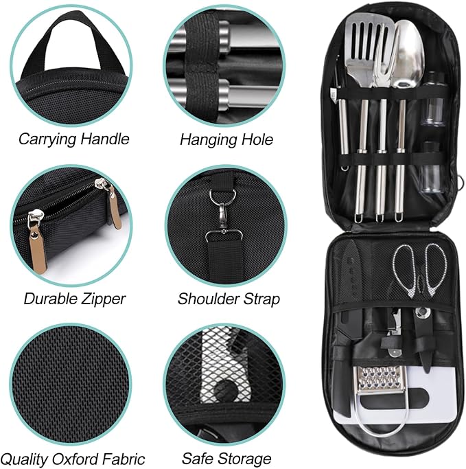 12 Pcs Camping Kitchen Utensil Set Outdoor Kitchen Gear, Outdoor Cooking and Grilling Utensil Travel Set Perfect for Camping Accessories Cooking, RV Camp. Camping, BBQs, Parties and More