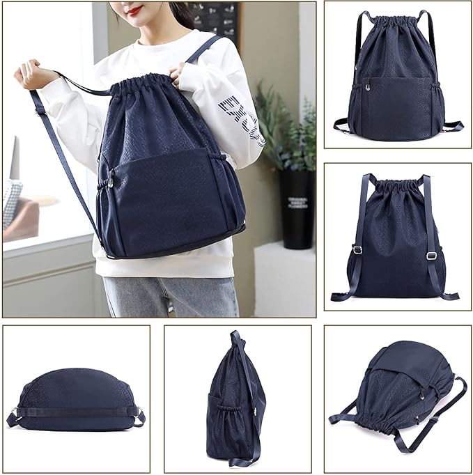 Drawstring Backpack Sports Yoga Sackpack for Women Men Waterproof Nylon Gym Sack DayPack with Multi Pockets (navy)