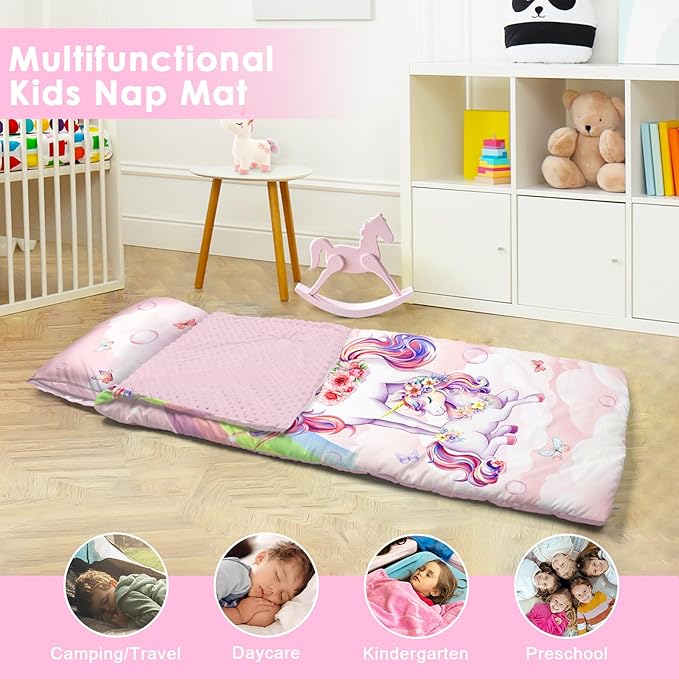 Kids Sleeping Bag Toddler Nap Mat with Removable Pillow, Large Foldable Sleeping Bag for Girls Boys, Easy Clean Slumber Bag with Double Zip for Camping School Preschool Daycare, 59×24 inch