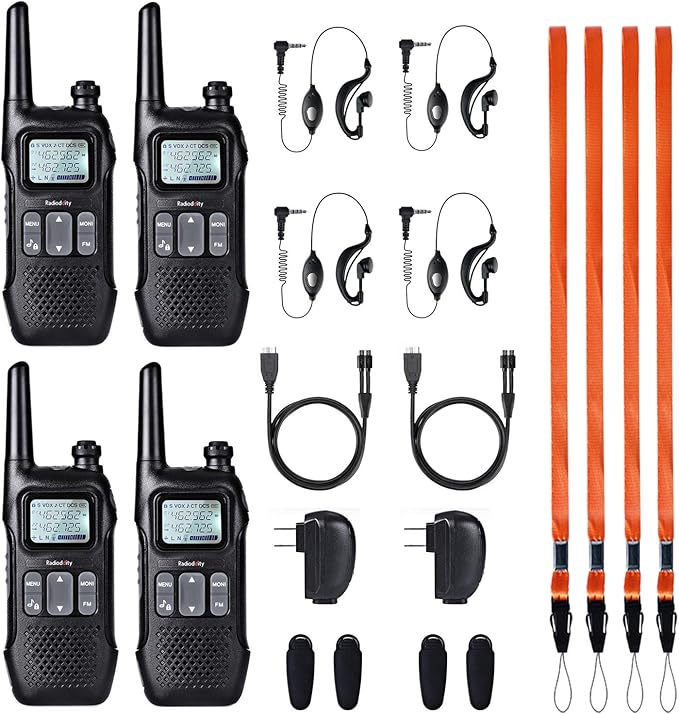 Radioddity FS-T1 FRS Two-Way Radio Long Range License-Free Walkie Talkies NOAA, 22 Channels 154 Privacy Codes with Earpiece, USB Charging, 4 Pack