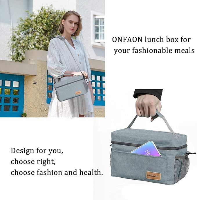 Lunch Bag for Men/Women, Insulated Reusable Lunch Box Leakproof Cooler Tote Bag Freezable with Adjustable Shoulder Strap for Office Work Picnic Beach(Grey)