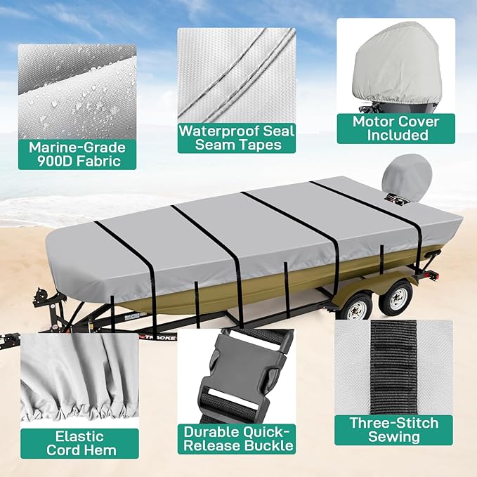 Jon Boat Cover 18ft, 900D Heavy Duty Trailerable Waterproof Jon Boat Cover 18 Foot with Motor Cover, Marine Grade Canvas,Gray