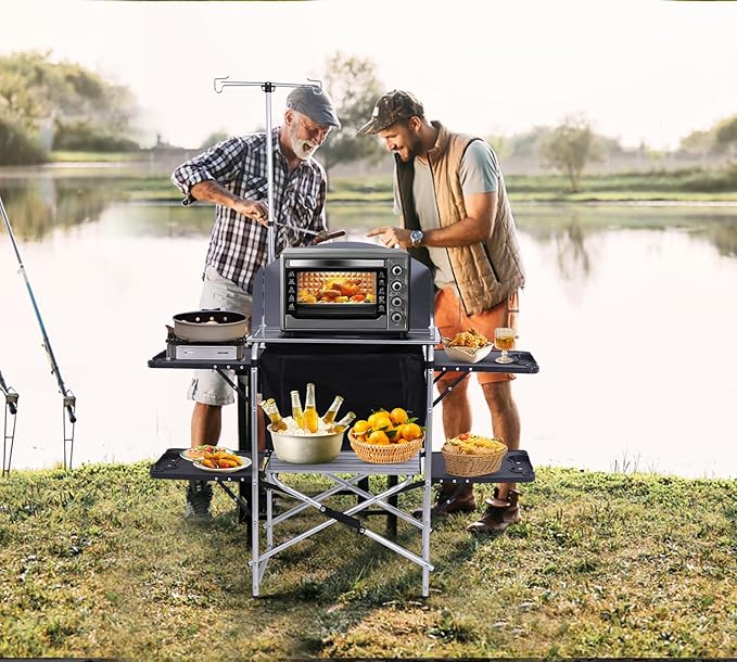 Nice C Camping Kitchen Station, Camping Table, Picnic Table, Grill Table, Folding Table, Upgrade Light Stand and Windshield Cooking Station & Organizers, Carry Bag for Beach, Picnic (Silver/Black)