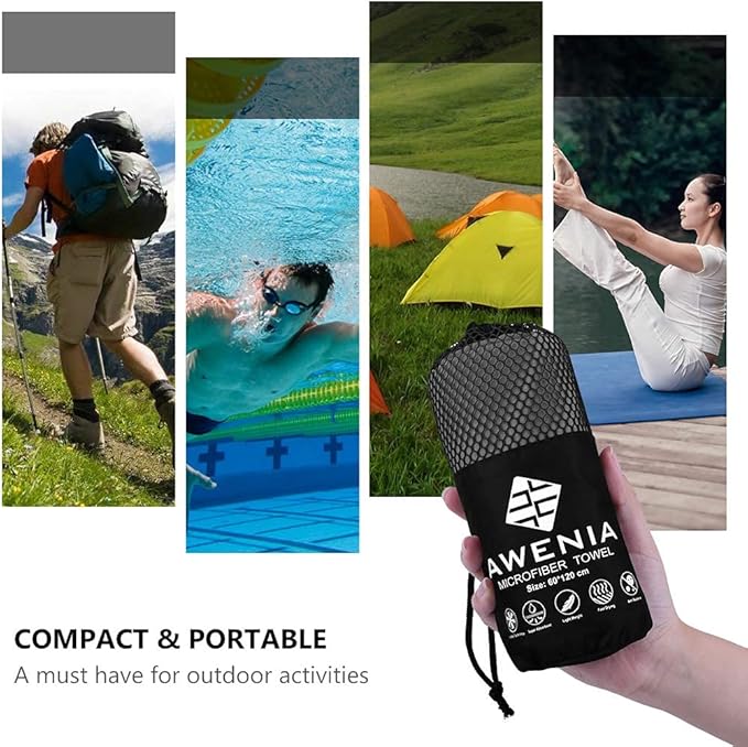 Awenia Camp Towel 2 Pack,Quick Dry Microfiber Towel, Compact Travel Towel for Gym, Sports, Hiking, Backpacking, Beach,Yoga,Swimming with Carry Bag