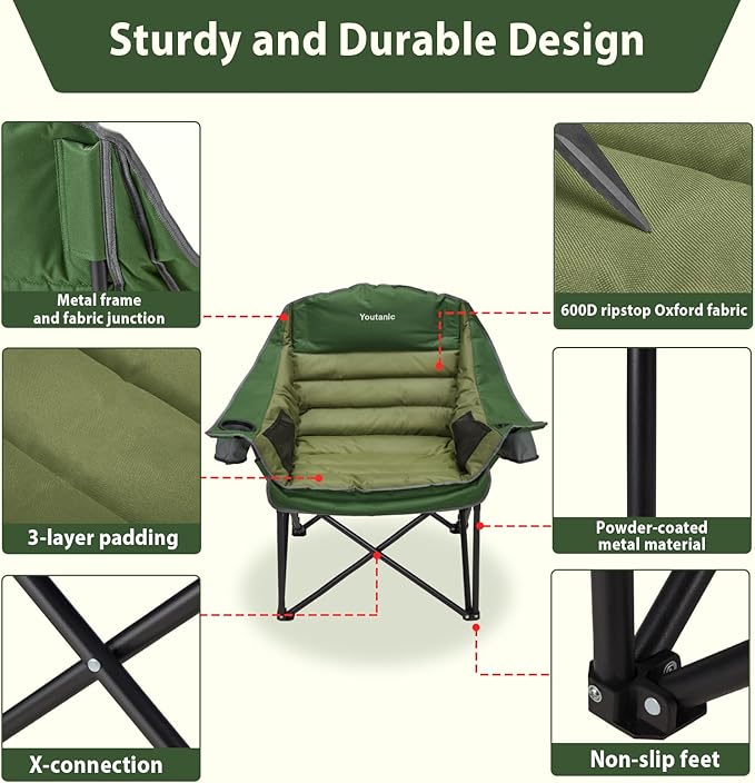 Oversized Camping Chair, Portable Folding Camping Chairs with Side Pocket, Cup Holder and Carry Bag, Heavy Duty Outdoor Camping Chairs for Adults, Fishing, Sports, Trip, up to 400lbs, Style 2