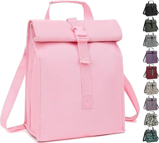 Insulated Lunch Bag for Men/Women/Kids, Roll top Reusable Lunch Box with Adjustable Shoulder Strap, Thermal Lunch Cooler Tote Container for Adults/Teens School Work Office Picnic,Pink
