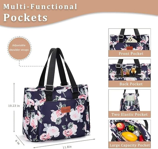 Large Peony Women's Lunch Bag, Insulated Aluminum Lunch Box with Side Pockets, Adjustable Carrying Options, Reusable and Easy to Clean
