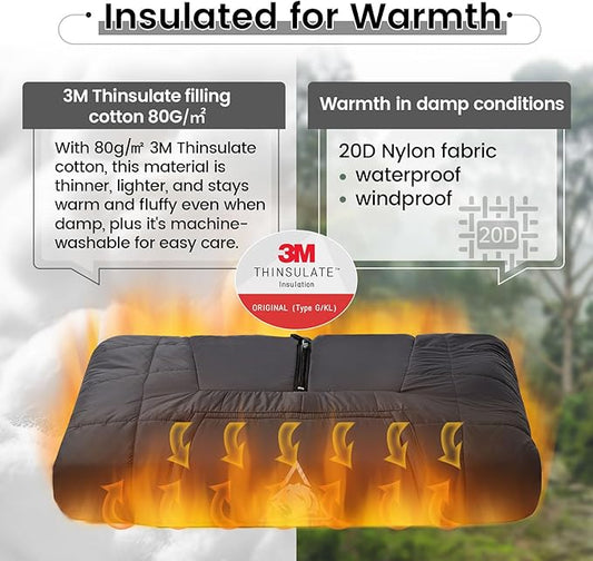 OneTigris Camping Blanket Honcho Poncho with 3M Thinsulate Insulation,Wearable Sleeping Bag Poncho for Camping Large Ultralight Water-Resisitant Warm Wearable Blanket for Outdoor Camping,Hiking