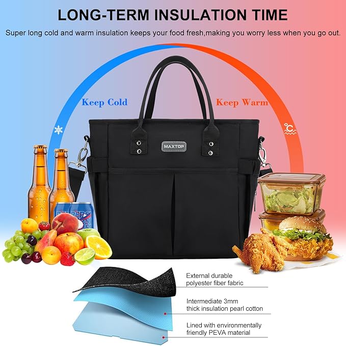 MAXTOP Lunch Bag Women for Work Insulated Thermal Lunch Box for Men with Wide-Open Pocket Reusable Leakproof Cooler Bags with Removable Shoulder Strap for Teacher Nurse Office Picnic Travel Black