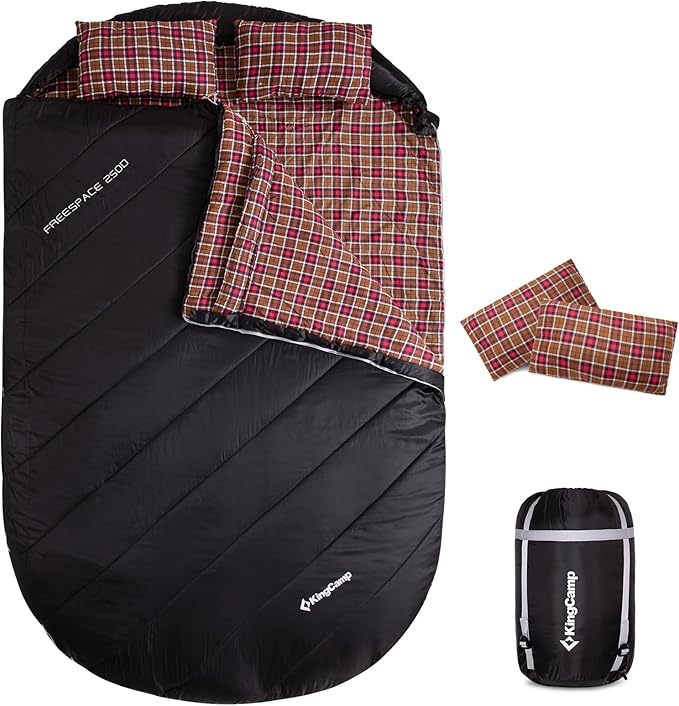 KingCamp Double Sleeping Bag for Adults, Queen Size 2 Person XXL Flannel Sleeping Bag, Waterproof Lightweight Flannel Quilt with 2 Pillows, Perfect for Couples Family Camping Hiking