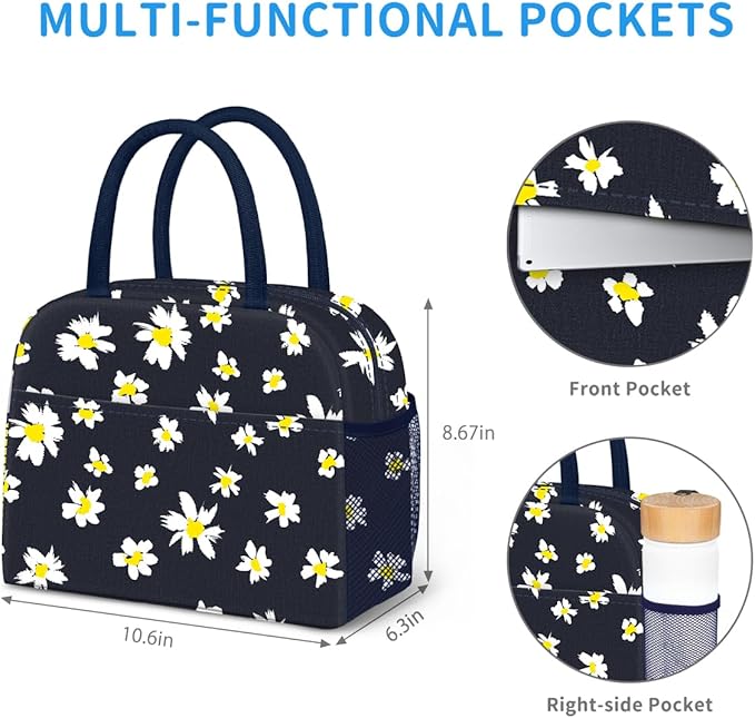 Lunch Bag Lunch Box for Women Men Reusable Insulated Cooler Lunch Tote Bags, Leakproof Cute LunchBag Large Capacity for Work Travel Picnic, Daisy