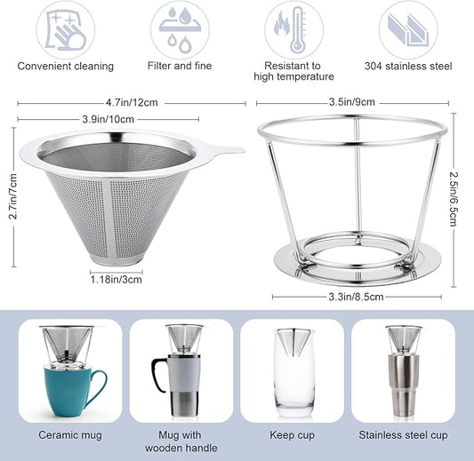 Pour Over Coffee Maker,Coffee Filter,Slow Drip Paperless Stainless Steel Cone Coffee Dripper(1 Cup)