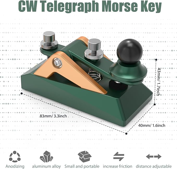 CW Morse Code Key - Pocket Morse Code Telegraph Key Aluminum Alloy Base Grey for Amateur Radio Ham Operators, Adjustable Tension(Green-09B)