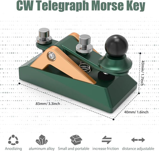CW Morse Code Key - Pocket Morse Code Telegraph Key Aluminum Alloy Base Grey for Amateur Radio Ham Operators, Adjustable Tension(Green-09B)