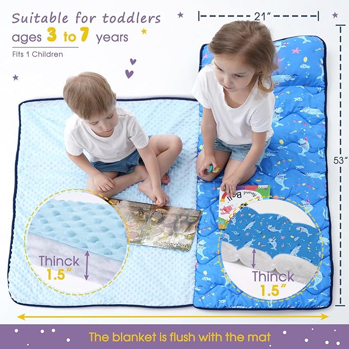 Nap Mat with Pillow Blanket Set: Sleeping Mats for Toddler Kids - Thick Large Roll up Slumber Bag for Daycare Preschool Kindergarten Boys Girls