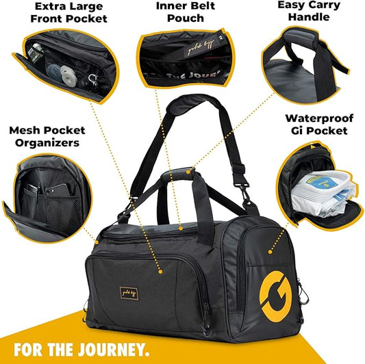 Gold BJJ Jiu Jitsu Duffle Bag - Waterproof Pocket for Sweaty Gi, Rashguard, or Shoes - The Perfect Duffel Bag for Martial Arts Gear, Boxing, MMA, and More