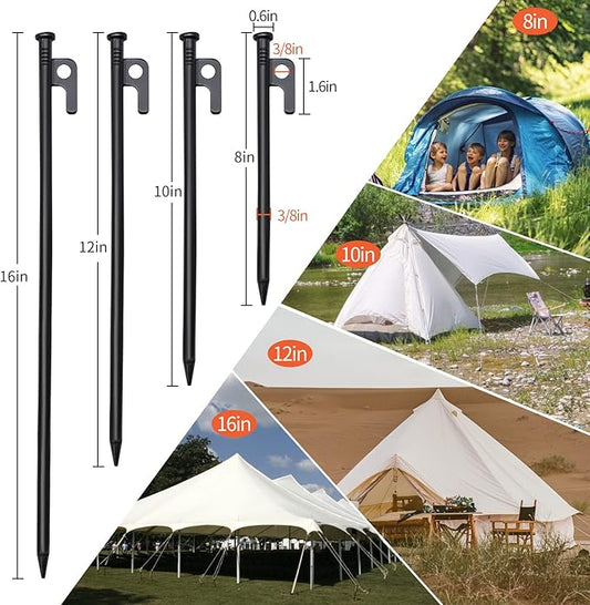 8/10/12/16in Tent Stakes and Hammer Set, 8pcs Heavy Duty Forged Steel Tent Stakes + Camping Hammer + Storage Pouch, Available in Rocky Place(8pcs 10in Stakes and Hammer)