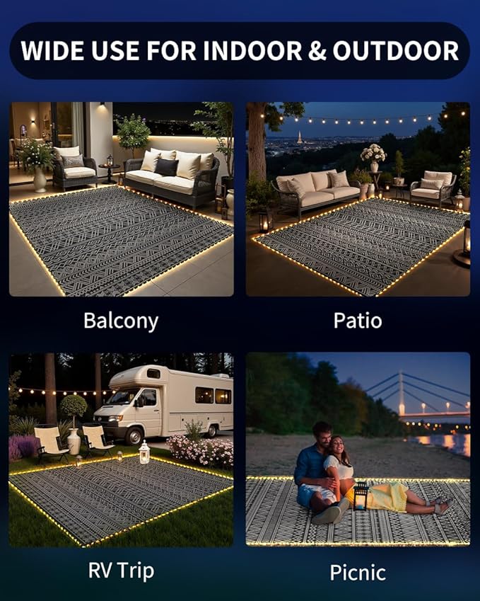 MontVoo-Outdoor Rug Carpet 6x9 ft for Patio RV Camping with Led Strip Lights Waterproof Plastic Straw Rug Reversible Portable Outside Indoor Outdoor Rug Mat for Patio Decor Balcony Picnic-Boho