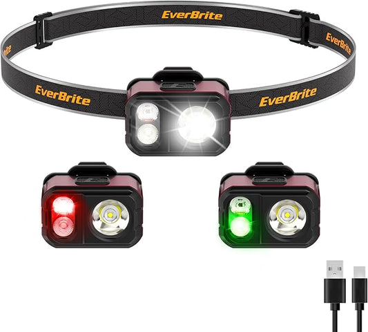 EverBrite Rechargeable LED Headlamp, Ultra-Light with Hat Clip, IP67 Waterproof, White/Red/Green Light, 7 Modes for Camping, Running and Backpacking-Purple