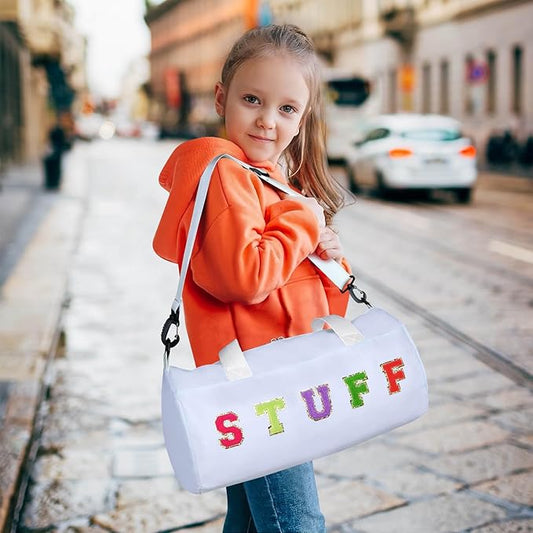 Chenille Letter Stuff Tote Bag 16 Inch, Small Gym Duffle Bag for Travel Dance Sports Workout Camping, Carry On Cheer Ballet Overnight Weekender Bags Birthday Christmas Gifts for Girls Kids Teens Women