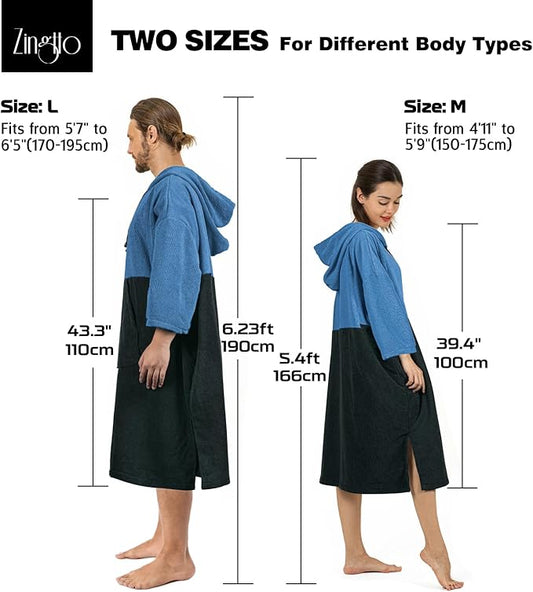 Surf Poncho Changing Robe, 3/4 Sleeve Extra Large Thick Hoodie Towel Poncho for Men Women Beach Swimming, 43" x 35", Black Blue
