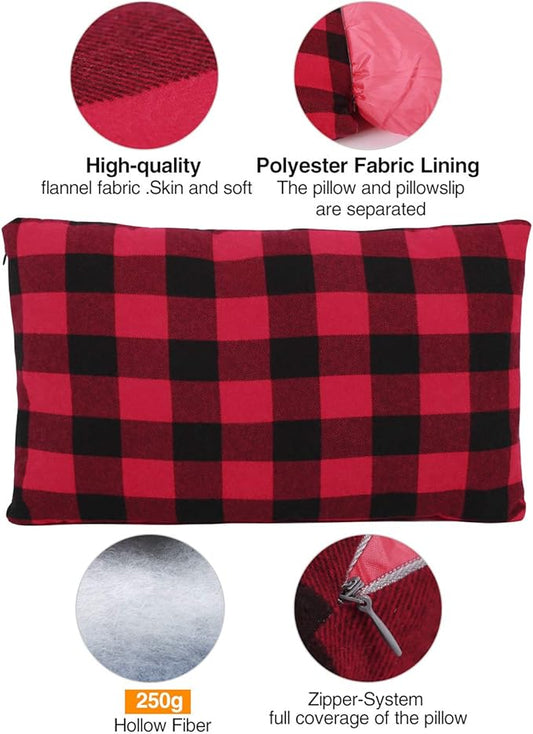 REDCAMP Small Camping Pillow Lightweight and Compressible, 1PC Flannel Travel Pillow with Removable Pillow Cover (Red and Black Plaid)