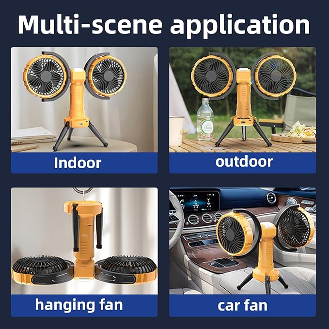 Outdoor Camping Fan with LED Light,8000mAh Rechargeable Battery Powered with Hook Tent Fans,270° Oscillating 360° Rotation Portable Tripod Beach Fan for Canopy,Travel,Fishing,Home,Yellow