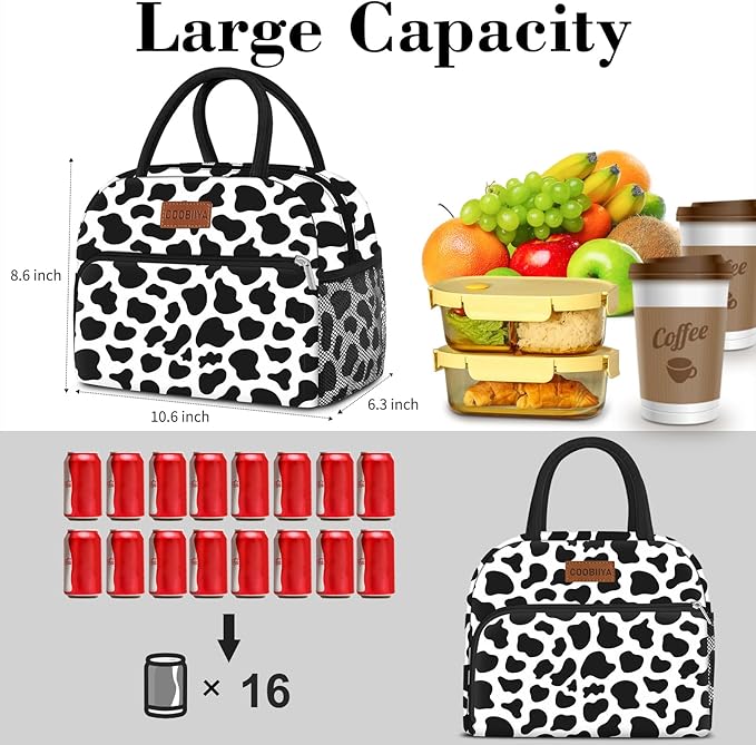Coobiiya Lunch Bag Women, Lunch Box for Women Adult Men, Small Leakproof Cute Lunch Tote Large Capacity Reusable Insulated Cooler Lunch Container for Work/Office/Picnic/Travel-Cow