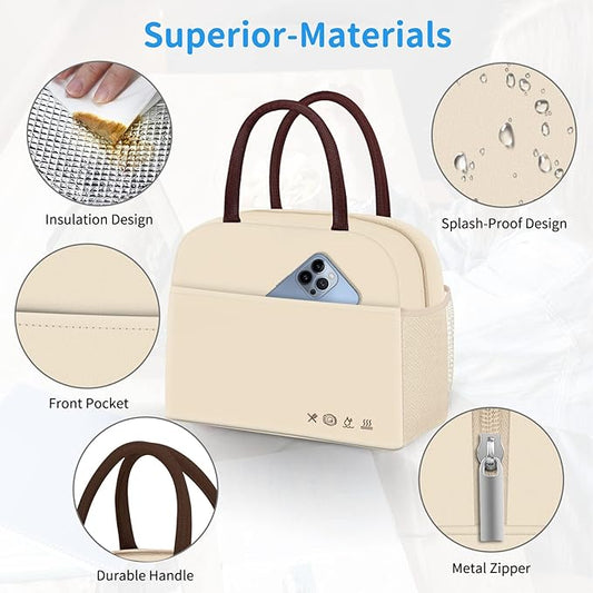Lunch Bag Lunch Box for Women Men Reusable Insulated Lunch Tote Bag,Leakproof Thermal Cooler Sack Food Handbags Case High Capacity for Travel Work Picnic Beach,BEIGE