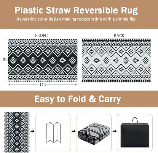 LILIOFFIC Outdoor Rug 9x12 ft, Waterproof Outdoor Plastic Straw Rug for Camping, Large RV Mat Outside, Outdoor Carpet for Deck, Backyard, Balcony, Picnic, with 4 Stakes, Grey