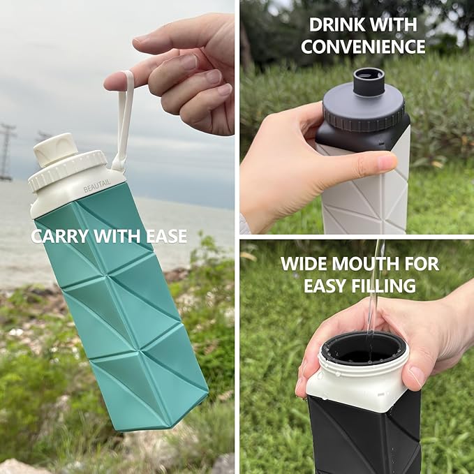 Collapsible Water Bottles 20.6oz, Silicone Foldable Portable Travel Water Bottle, Folding Lightweight Reusable Leakproof for Traveling Camping Hiking Cycling Yoga Sports Outdoor