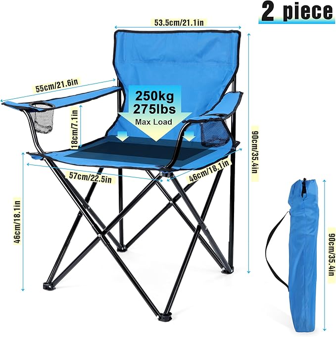 HaSteeL Foldable Camping Chair Set of 2, Folding Camp Chairs & Carrying Bags for Adults, Portable for Lawn, Outdoors, Fishing, Hiking, Travel, Picnic, Beach, Oversized & Supports 275lbs (Blue)