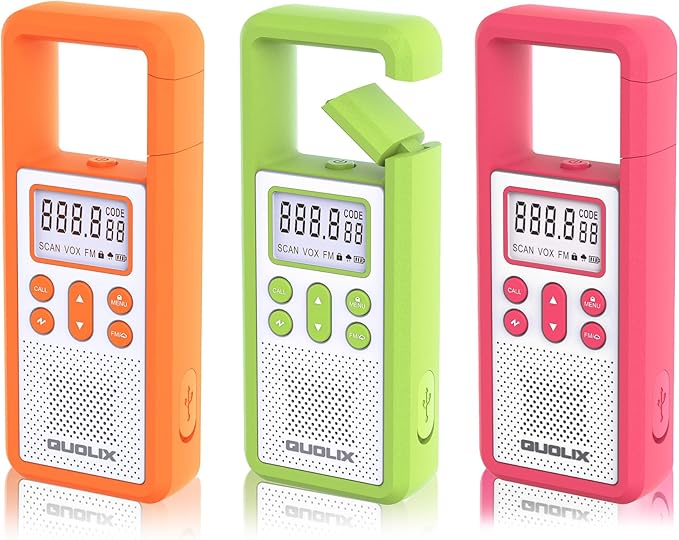 Rechargeable Walkie Talkie for Long Range 3 Pack,with FM/NOAA, Weather Alert, Hook Design,SOS SirenVolume Adjustment, Ldeal for Survival Biking Hiking Camping (Rose Green Orange)