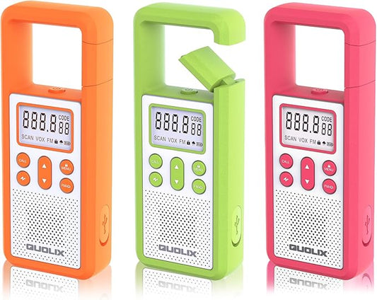 Rechargeable Walkie Talkie for Long Range 3 Pack,with FM/NOAA, Weather Alert, Hook Design,SOS SirenVolume Adjustment, Ldeal for Survival Biking Hiking Camping (Rose Green Orange)