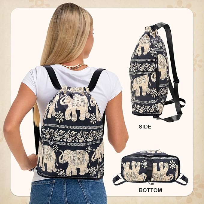 Drawstring Backpack Sports Yoga Sackpack for Women Men Waterproof Nylon Gym Sack DayPack with Multi Pockets (Elephant)