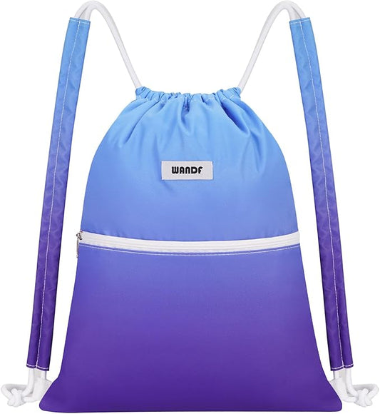 WANDF Drawstring Backpack Sports Gym Bag with Shoulder Pads Water Resistant String Cinch Bag for Women Men (Blue Gradient)